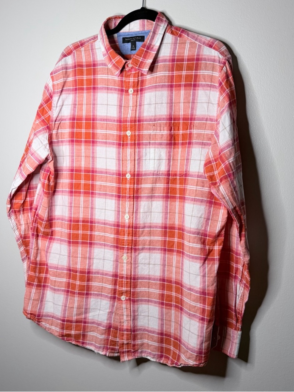 Banana Republic Men's Orange and White Plaid Button-Down Shirt , linen/cotton